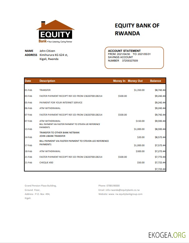 Relevé de la Rwanda Equity Bank, modèle facile à remplir au format de fichier .xls et .pdf